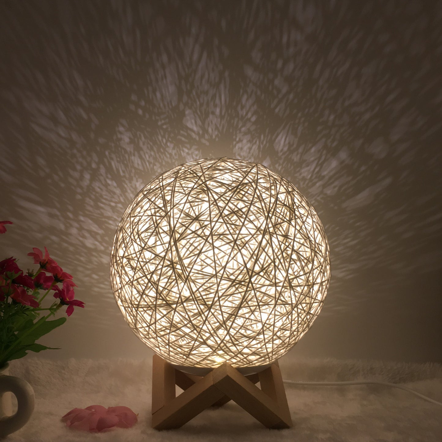 Linen Table Lamp Rattan Ball 7 Colour LED