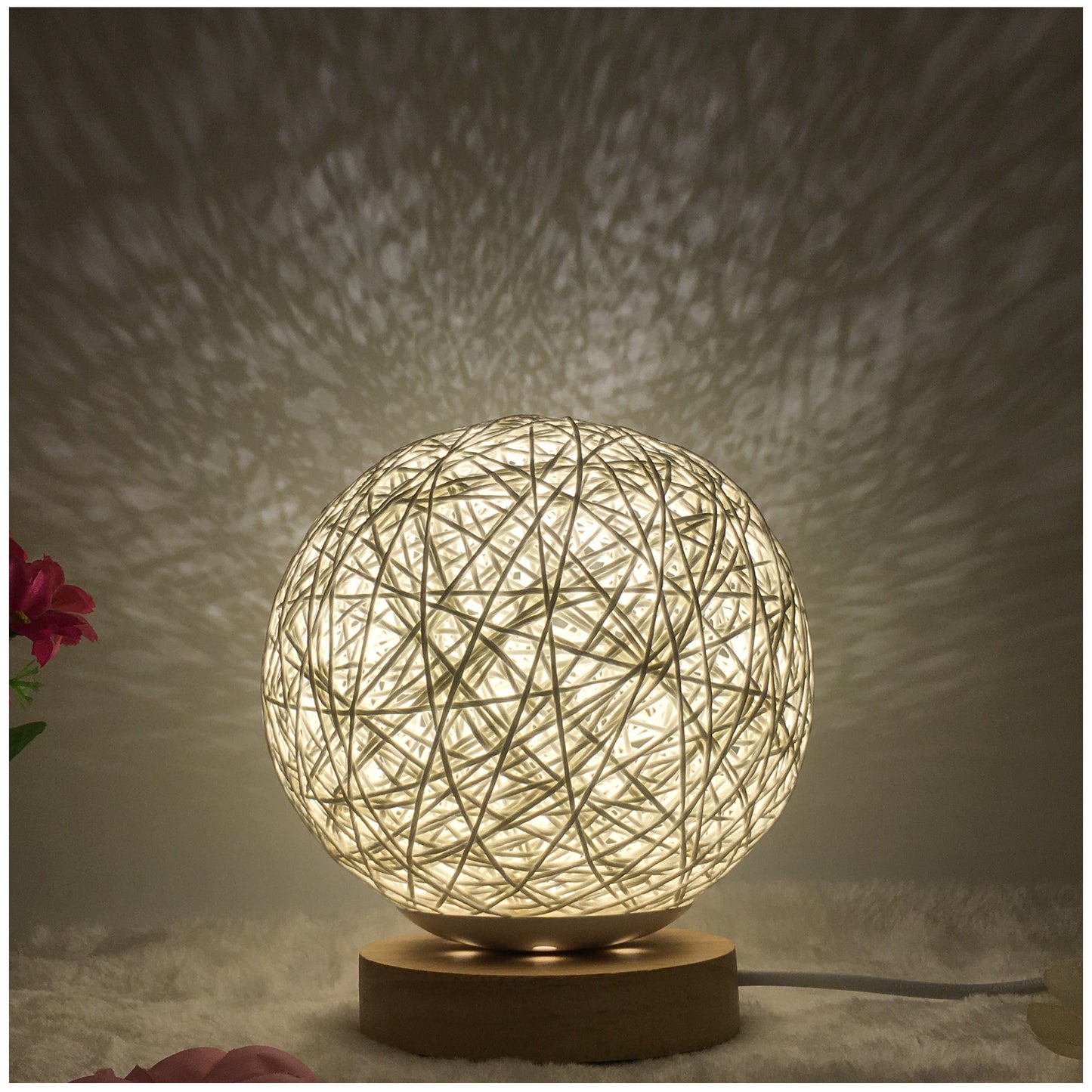 Linen Table Lamp Rattan Ball 7 Colour LED