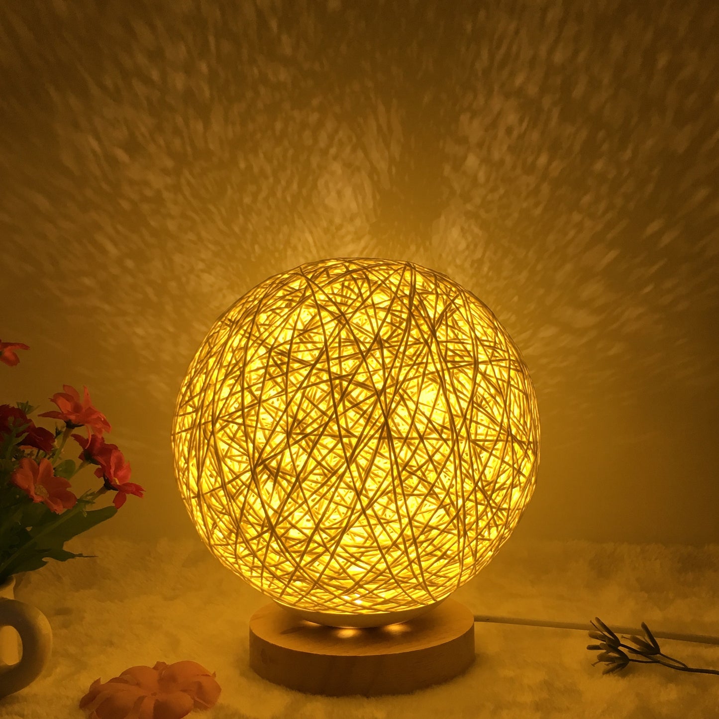 Linen Table Lamp Rattan Ball 7 Colour LED