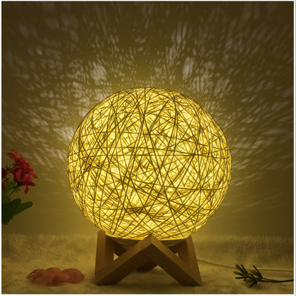 Linen Table Lamp Rattan Ball 7 Colour LED