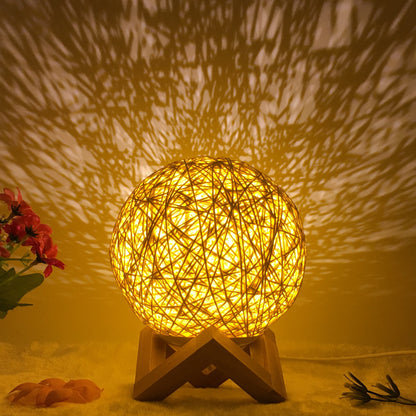 Linen Table Lamp Rattan Ball 7 Colour LED