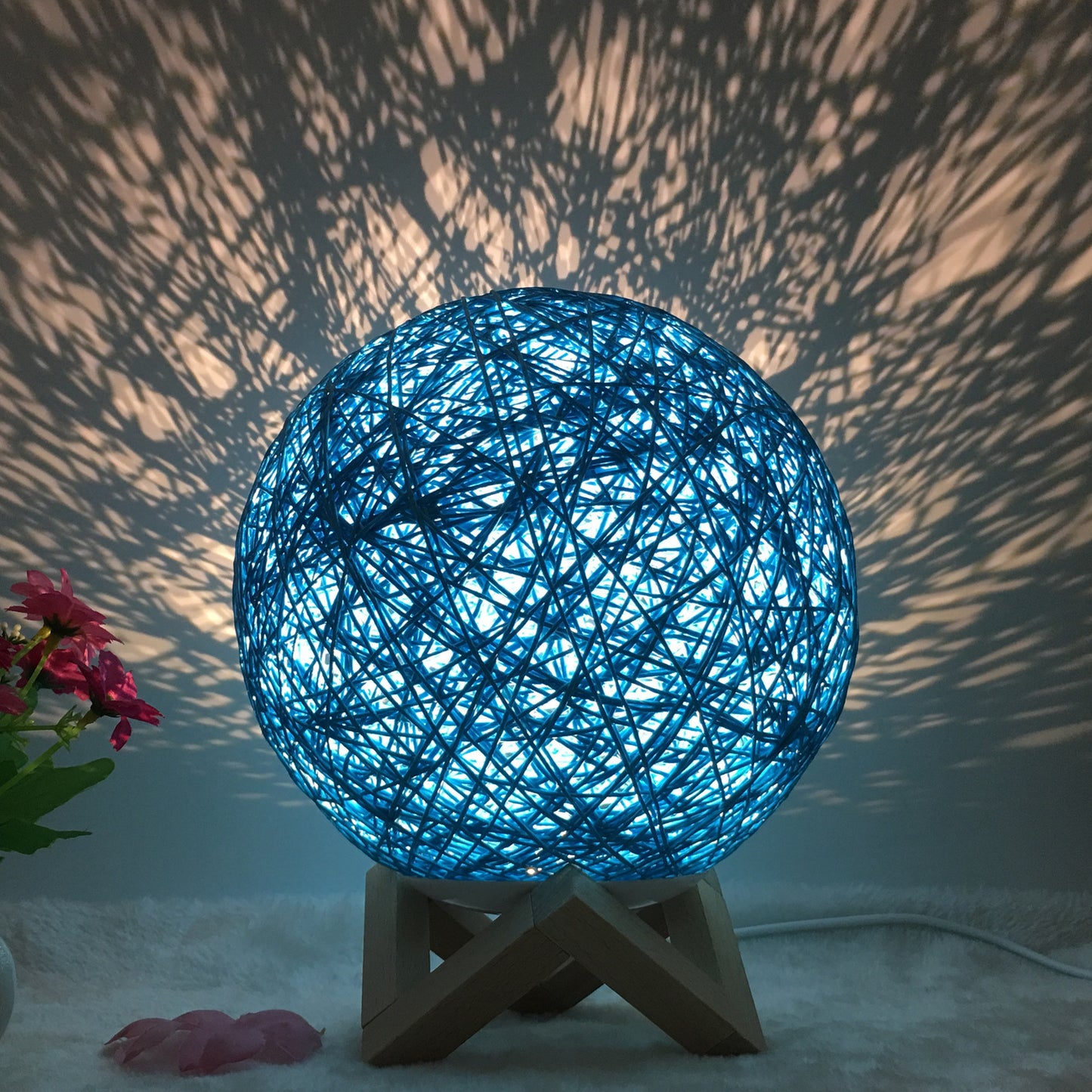 Linen Table Lamp Rattan Ball 7 Colour LED