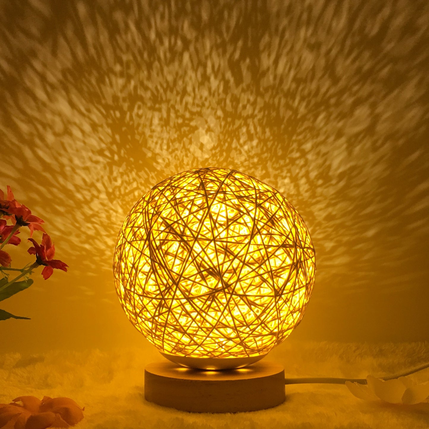 Linen Table Lamp Rattan Ball 7 Colour LED