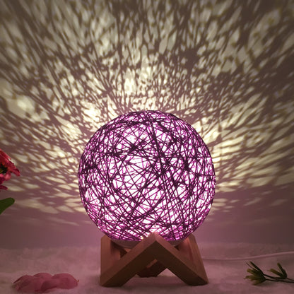 Linen Table Lamp Rattan Ball 7 Colour LED