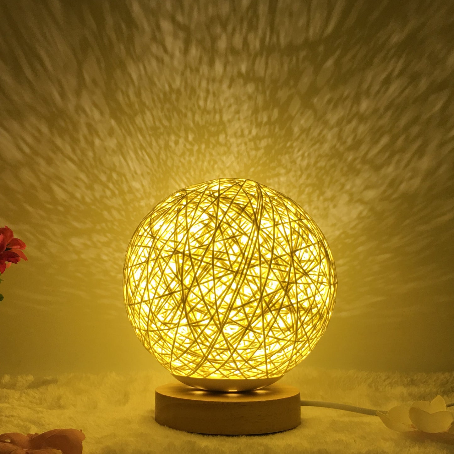 Linen Table Lamp Rattan Ball 7 Colour LED