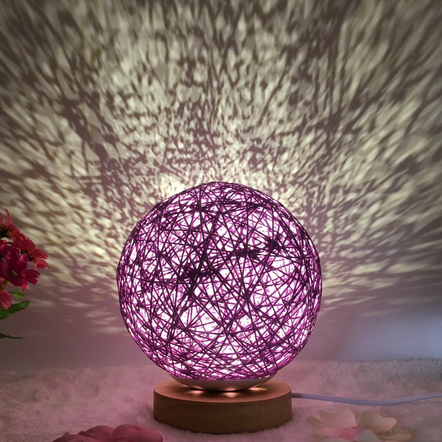 Linen Table Lamp Rattan Ball 7 Colour LED