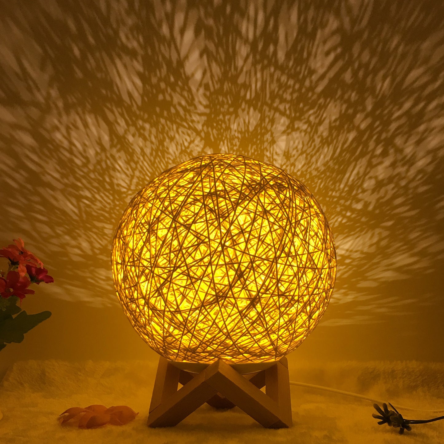 Linen Table Lamp Rattan Ball 7 Colour LED