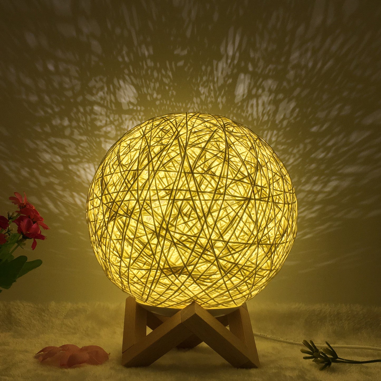 Linen Table Lamp Rattan Ball 7 Colour LED