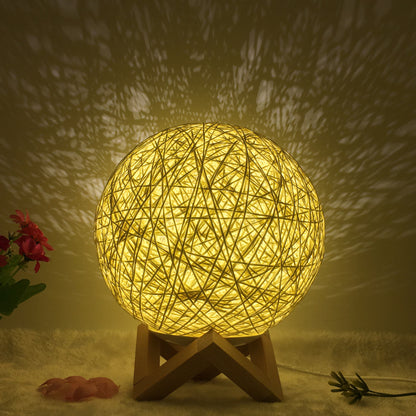 Linen Table Lamp Rattan Ball 7 Colour LED