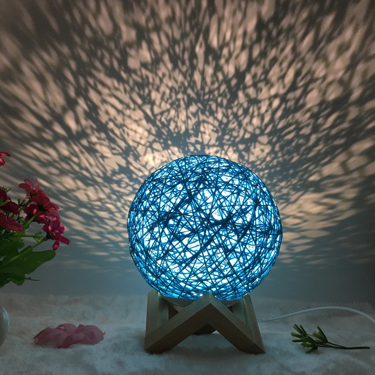 Linen Table Lamp Rattan Ball 7 Colour LED