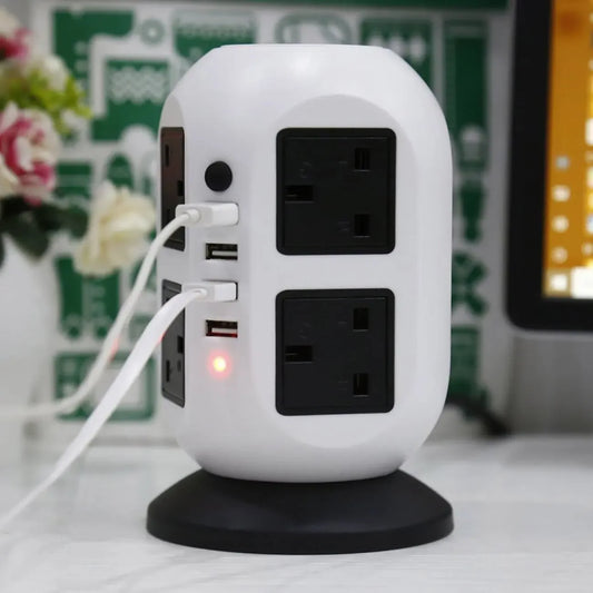 Tower Power Strip Vertical UK Plug Adapter Outlets 8 way