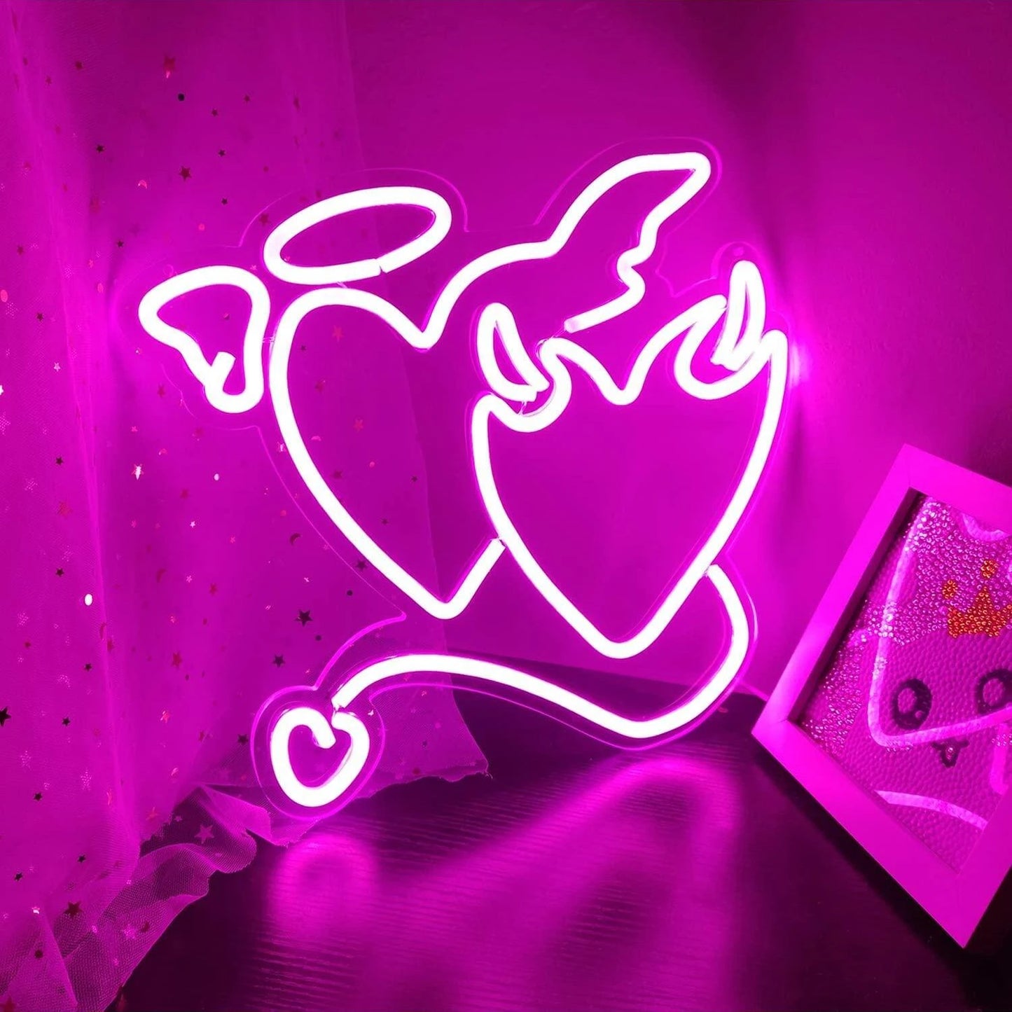 Pink Angel / Devil Heart Neon Sign