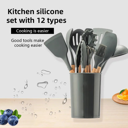 Wooden Handle Silicone Kitchen Utensils 12-Piece Set